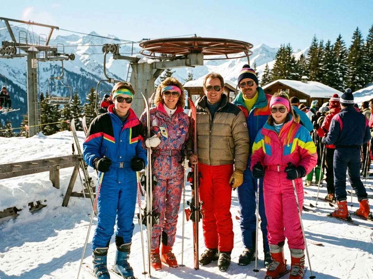 Eine Familie in bunten Skianzügen an einem Skilift in den Alpen, automatisch verbessert
