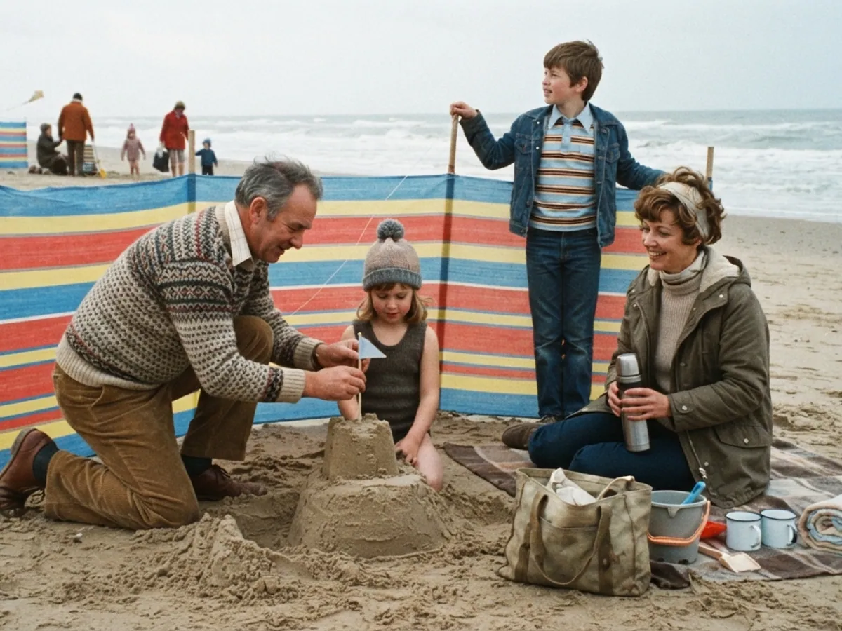 Eine Familie baut eine Sandburg hinter einem gestreiften Windschutz am Nordseestrand, Farbfoto aus den Siebzigerjahren