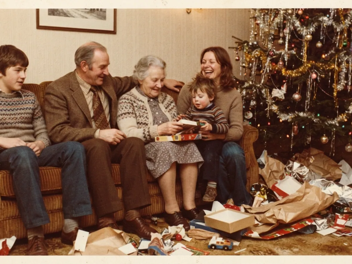 Drei Generationen auf dem Sofa vor dem Weihnachtsbaum, Geschenkpapier auf dem Boden, Farbfoto aus den Siebzigerjahren