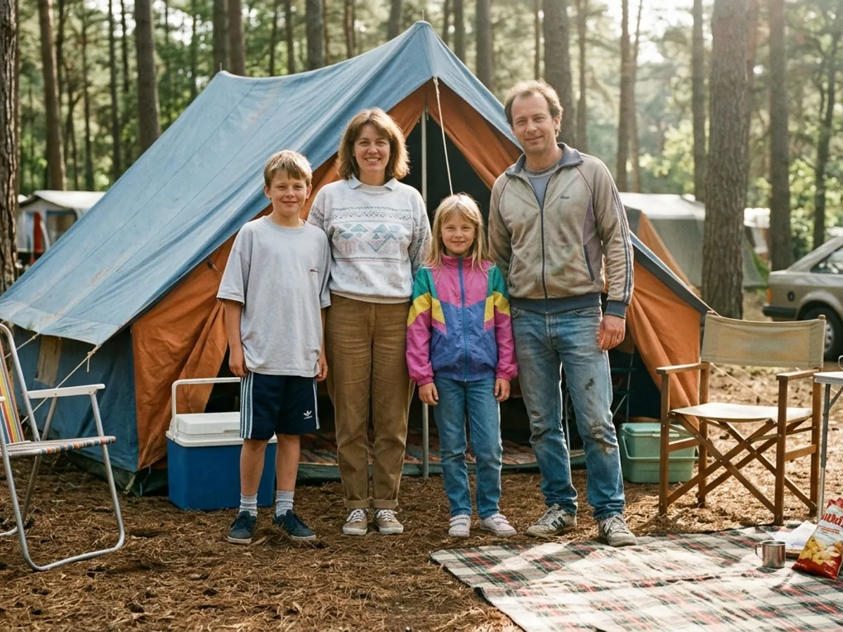Eine vierköpfige Familie vor einem Zelt im Kiefernwald, Klappstühle und Kühlbox, Farbfoto aus den Achtzigerjahren